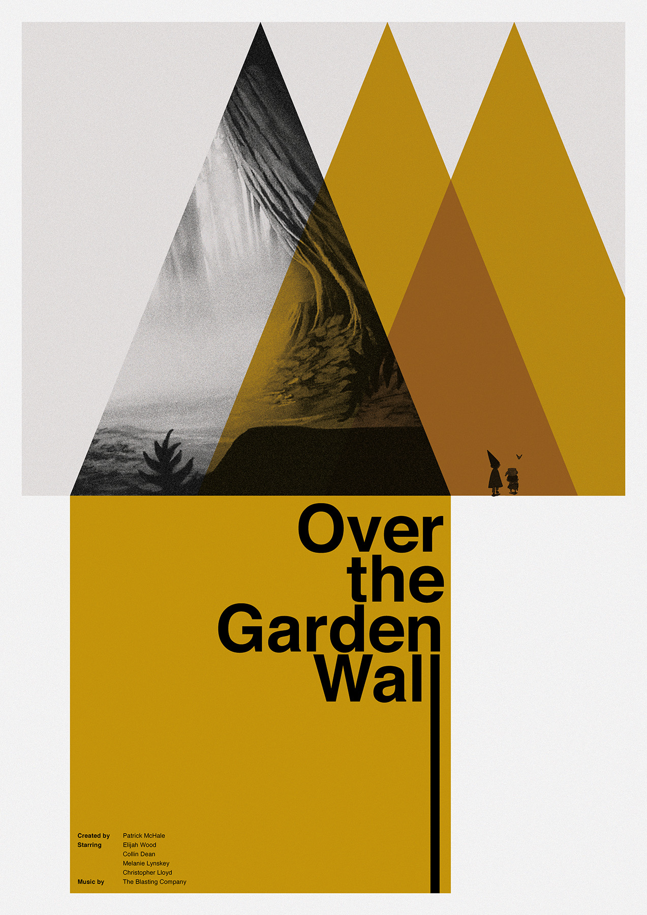 Film poster for 'over the garden wall' featuring triangle trees and images from the film.