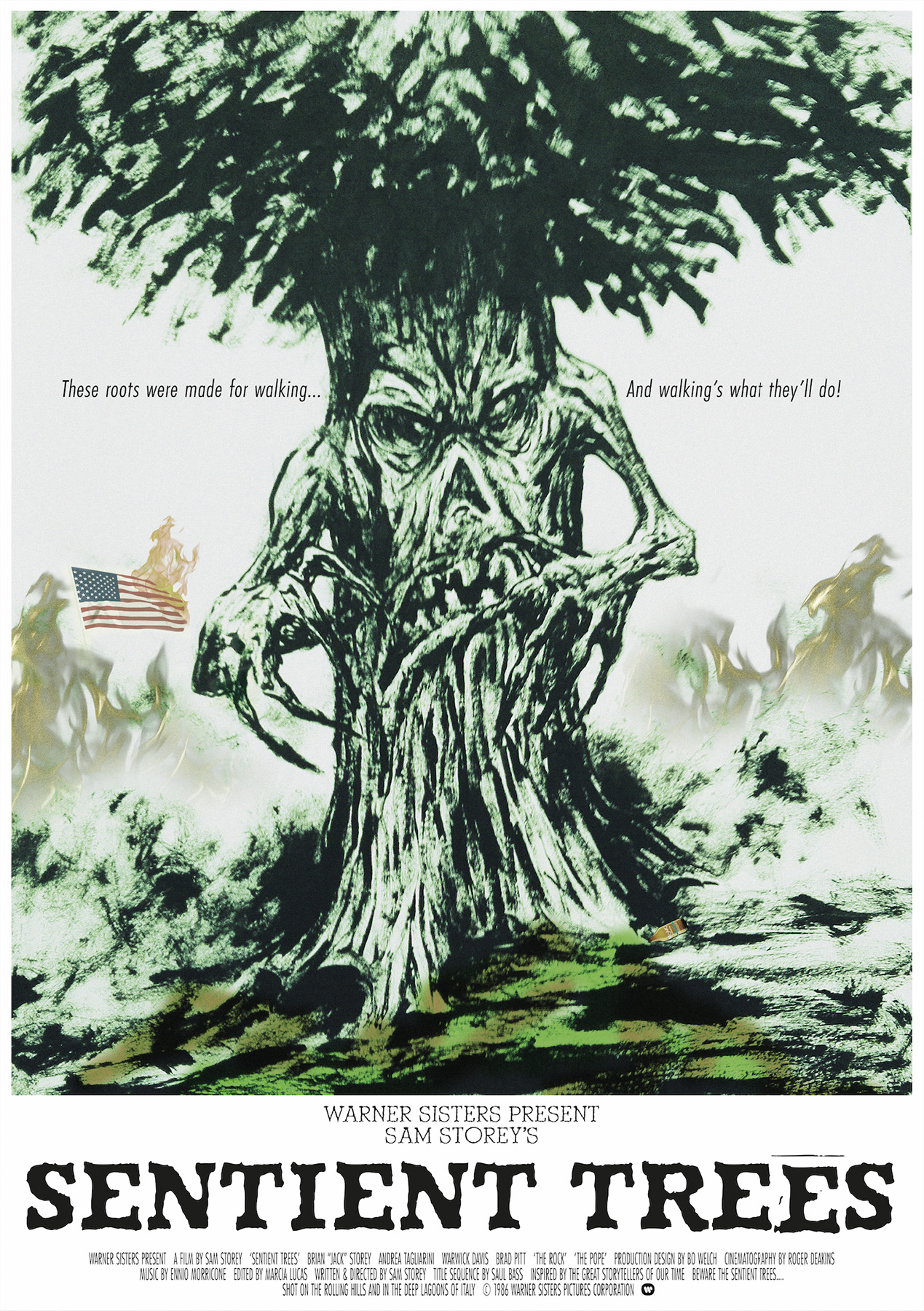 Film poster featuring a sentient tree destroying america.'