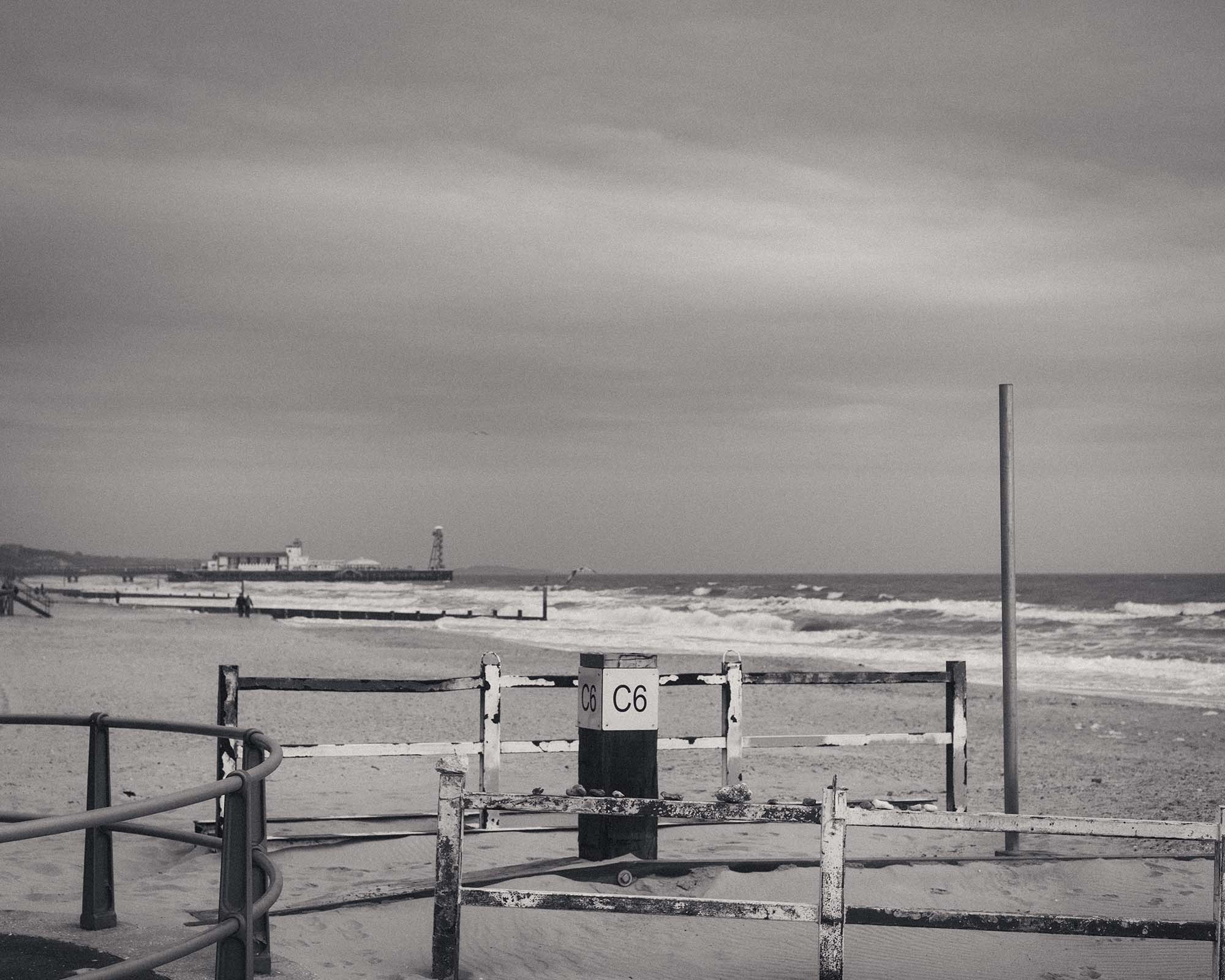 Bournemouth beach in black and white.