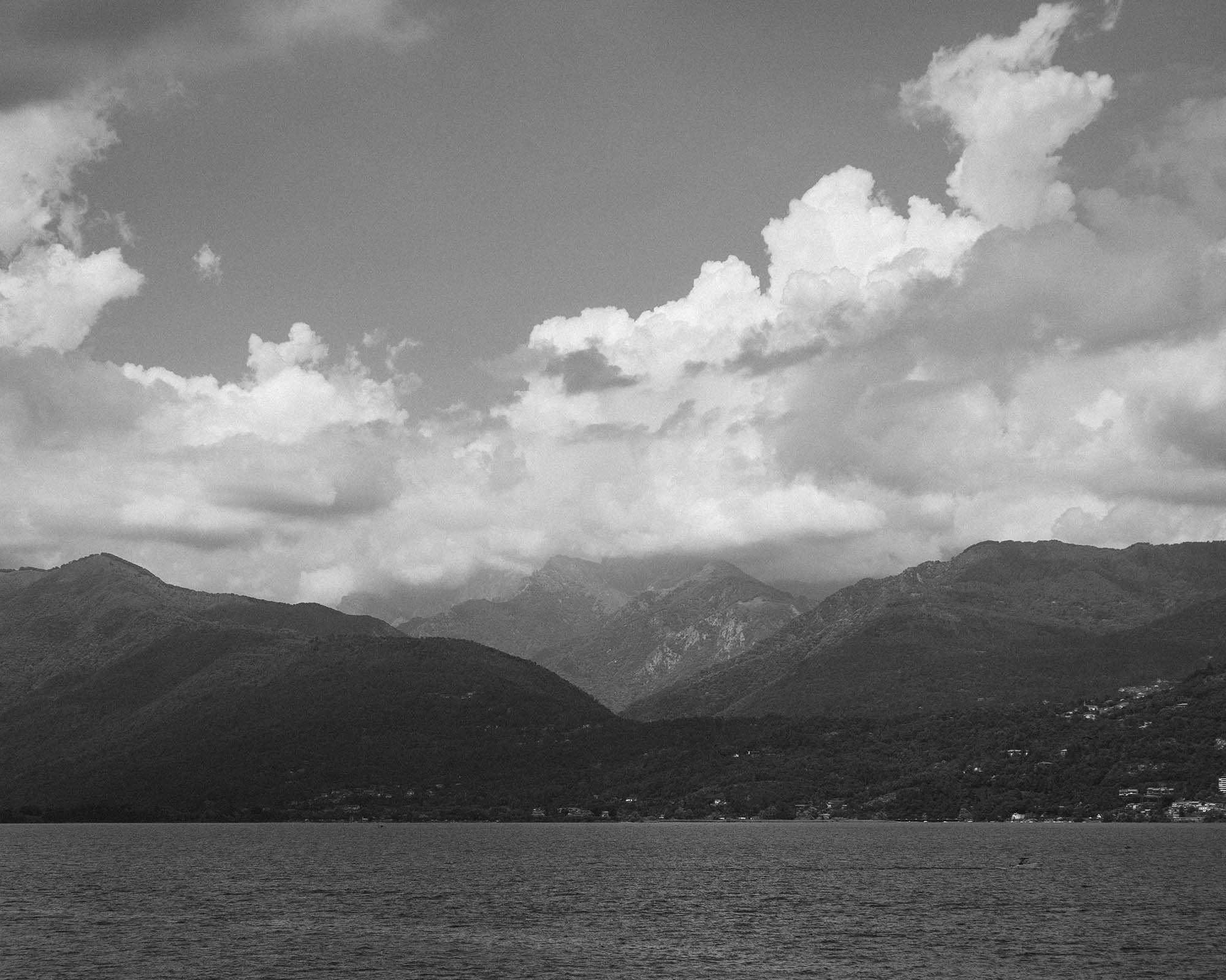 Black and white landscape of Italian lakes.