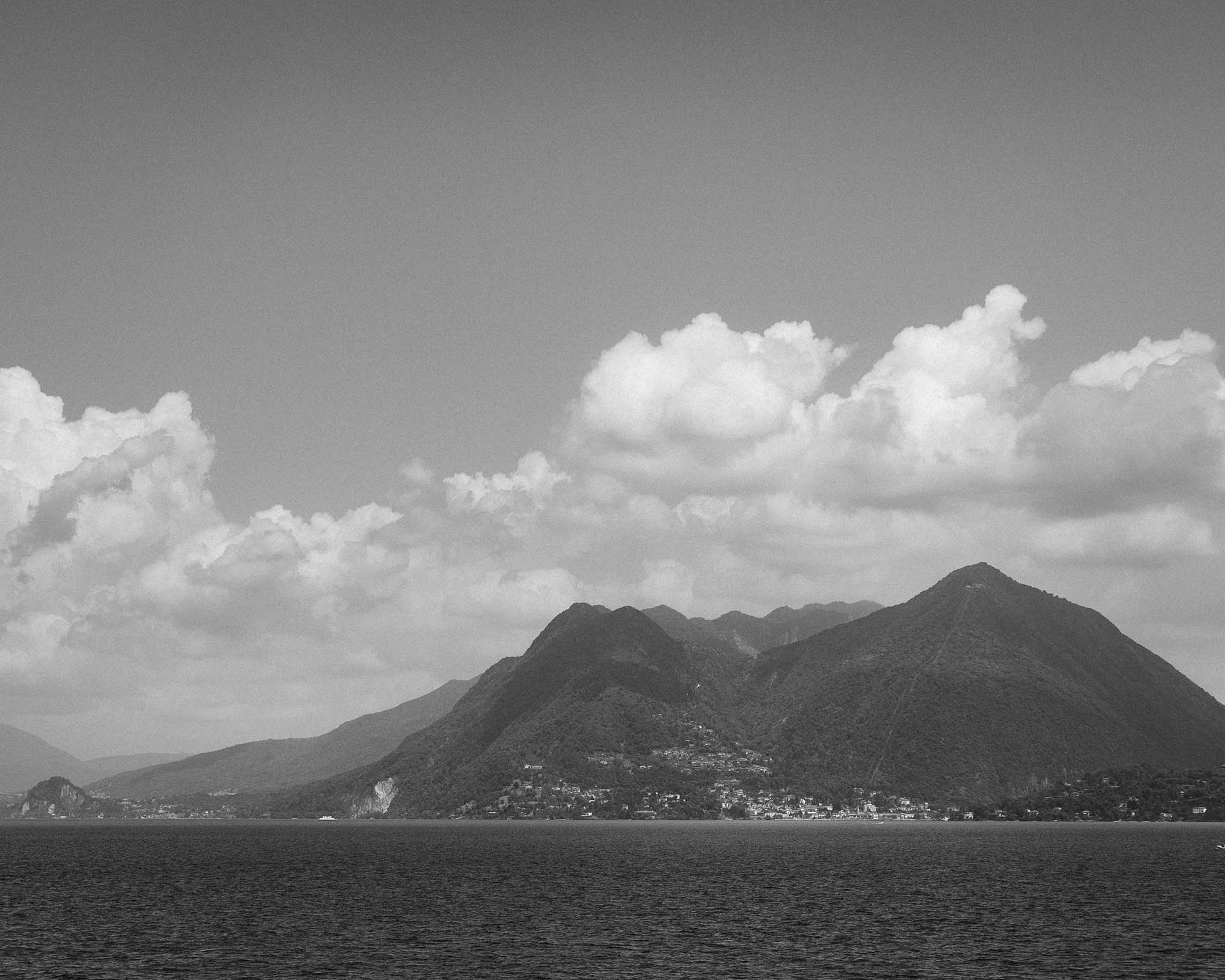 Black and white landscape of Italian lakes.