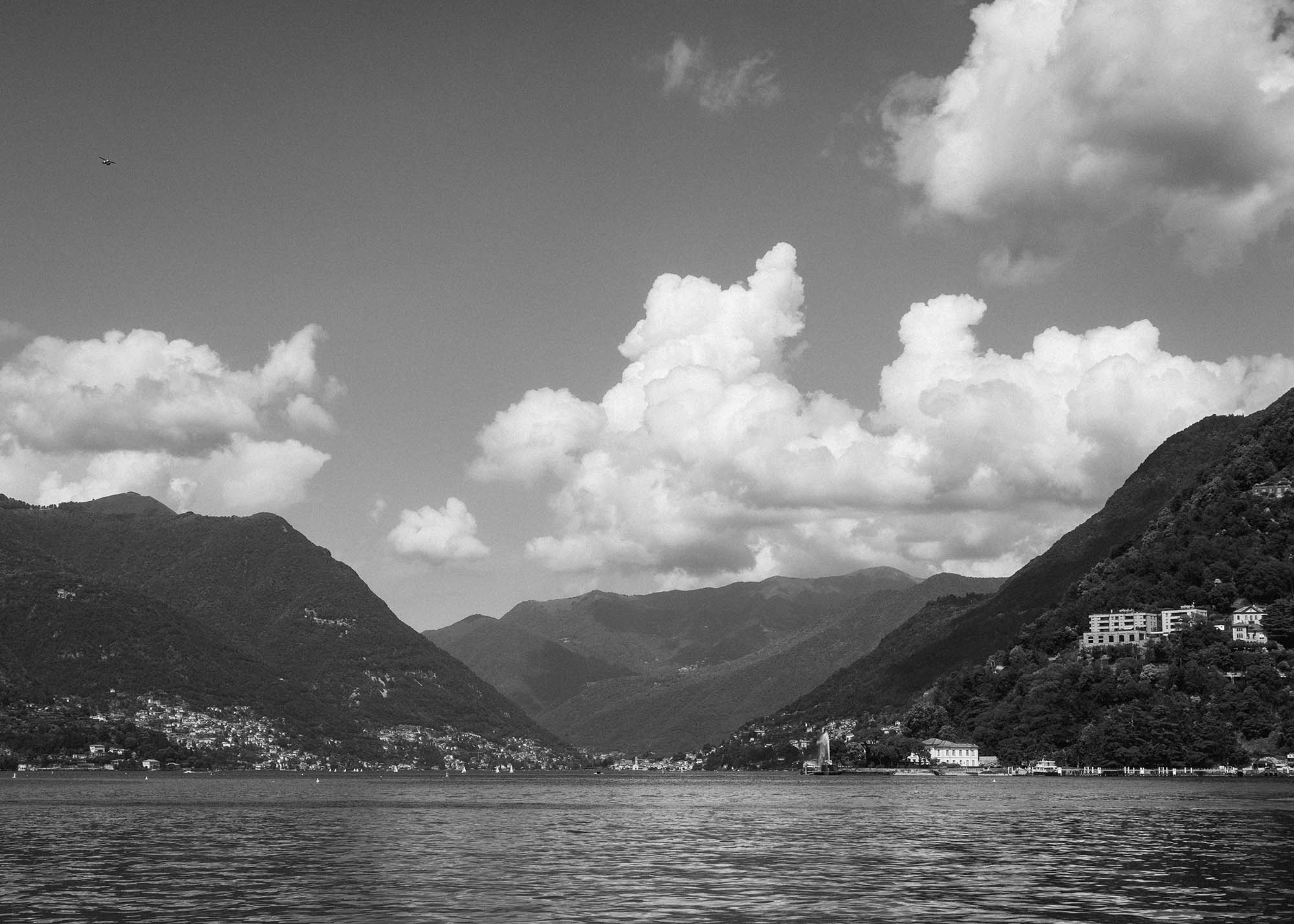 Black and white landscape of Italian lakes.